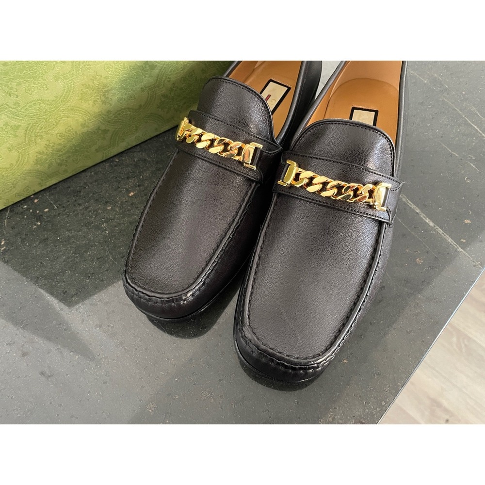 GUCCI 643620 black leather loafers with gold-tone chain horsebit, UK 9 - Picture 2 of 6